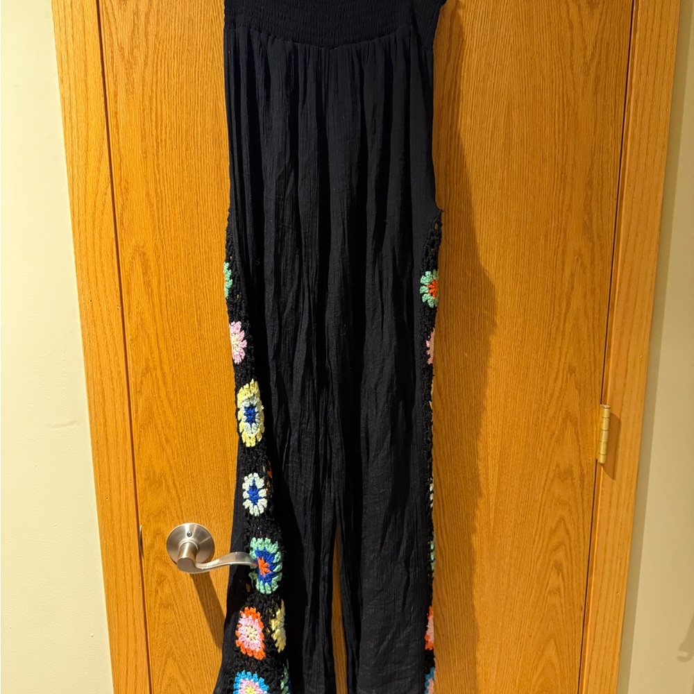 High waisted Black Crochet Floral Pants
